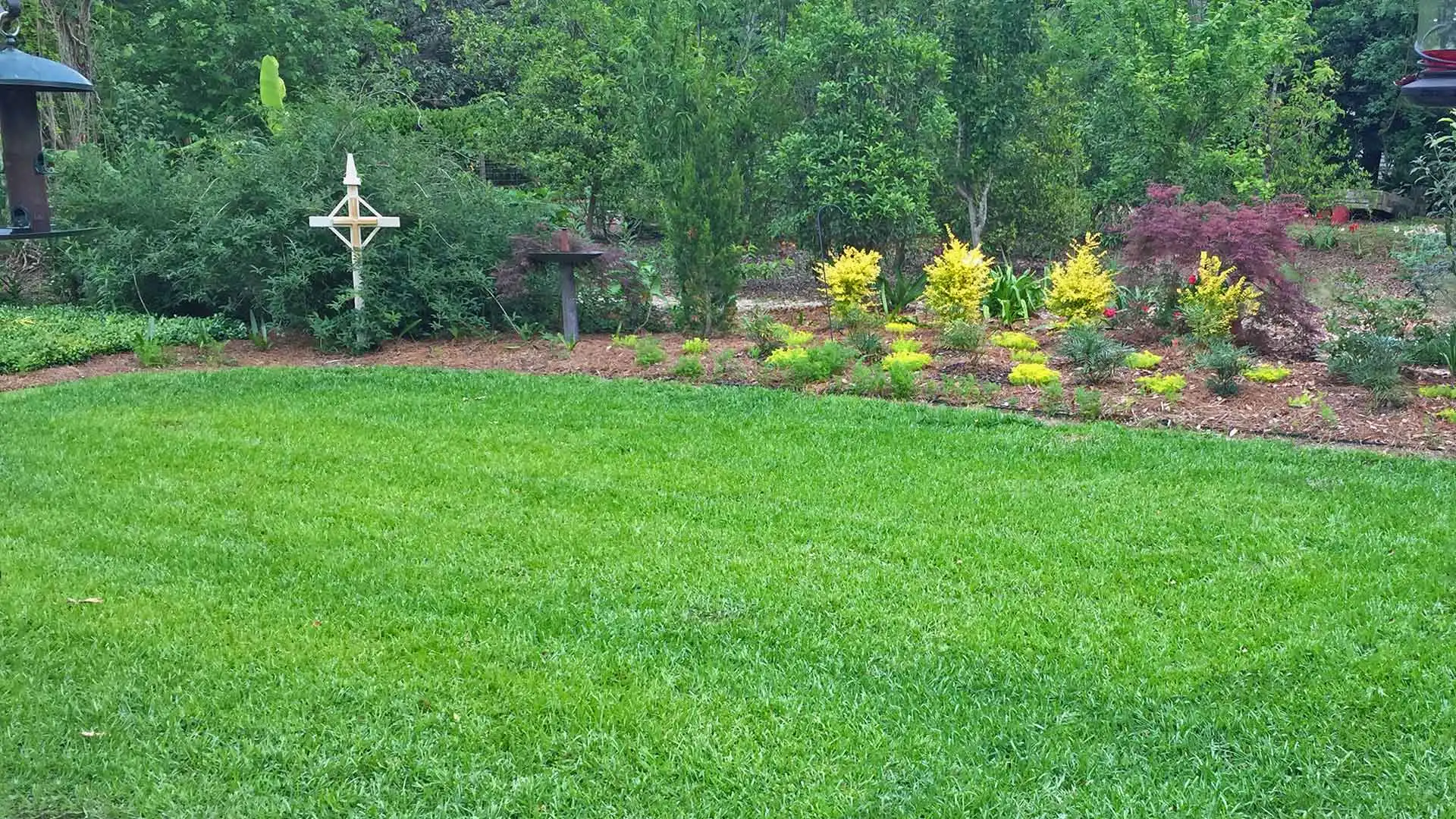 Green lush backyard in Thibodaux, LA receiving lawn care services from Lafourche Lawn & Farm.